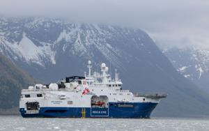 MSF's new chartered ship, the M/V Geo Barents in Fiskarstrand shipyard Norway getting ready to sail