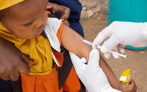 A young girl receiving measles vaccine in Odweyne district, Somaliland.
