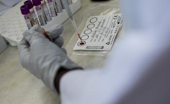 José Manuel, MSF lab technician, conducts tests to check patient's viral load during the first days after the 09 April resumption of the HIV-related activities in the MSF-supported Munhava health centre in Beira after Cyclone Idai hit the city. 