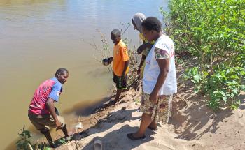 Fetching water in the river in Mbire, Zimbabwe. Contaminated water can cause cholera. 