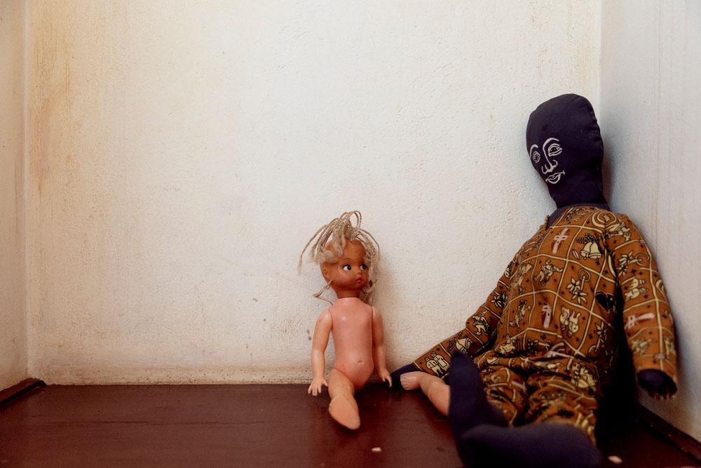 Dolls used by the children admitted to the Tongolo service at the community hospital in Bangui, CAR, to show where they have been touched, on 30th November 2020