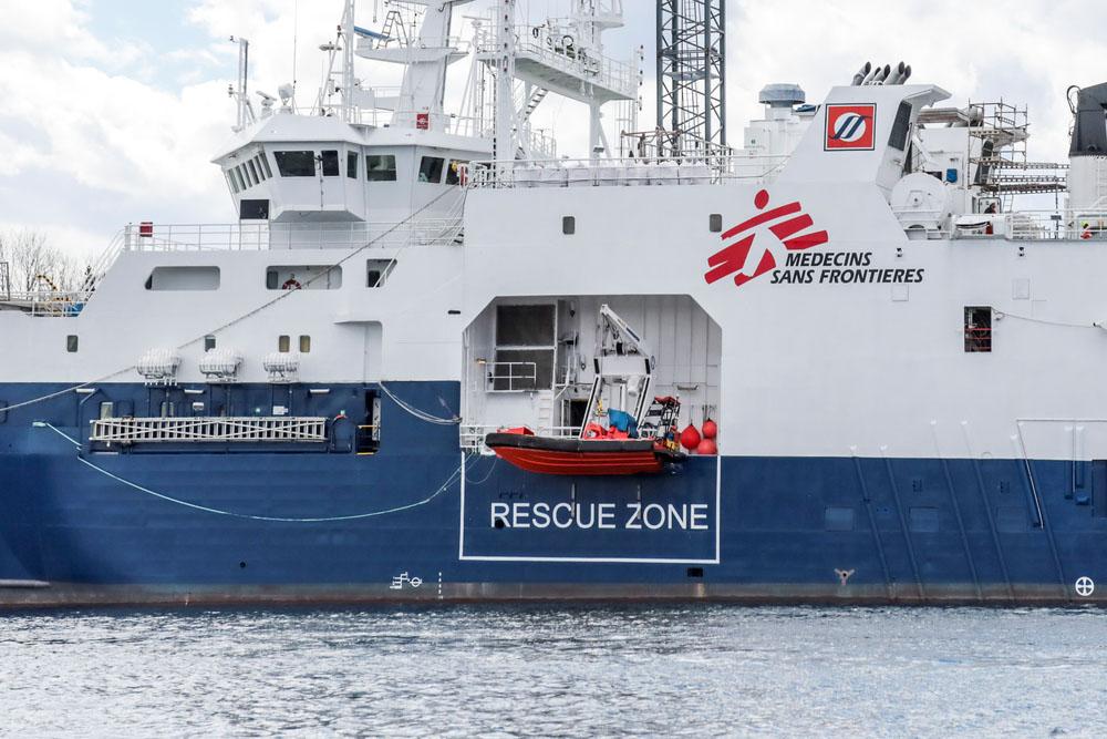 MSF's new chartered ship, the M/V Geo Barents in Fiskarstrand shipyard Norway getting ready to sail.