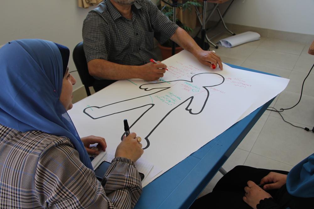 MSF Health workers in Gaza work on an exercise to identify physical symptoms of stress.