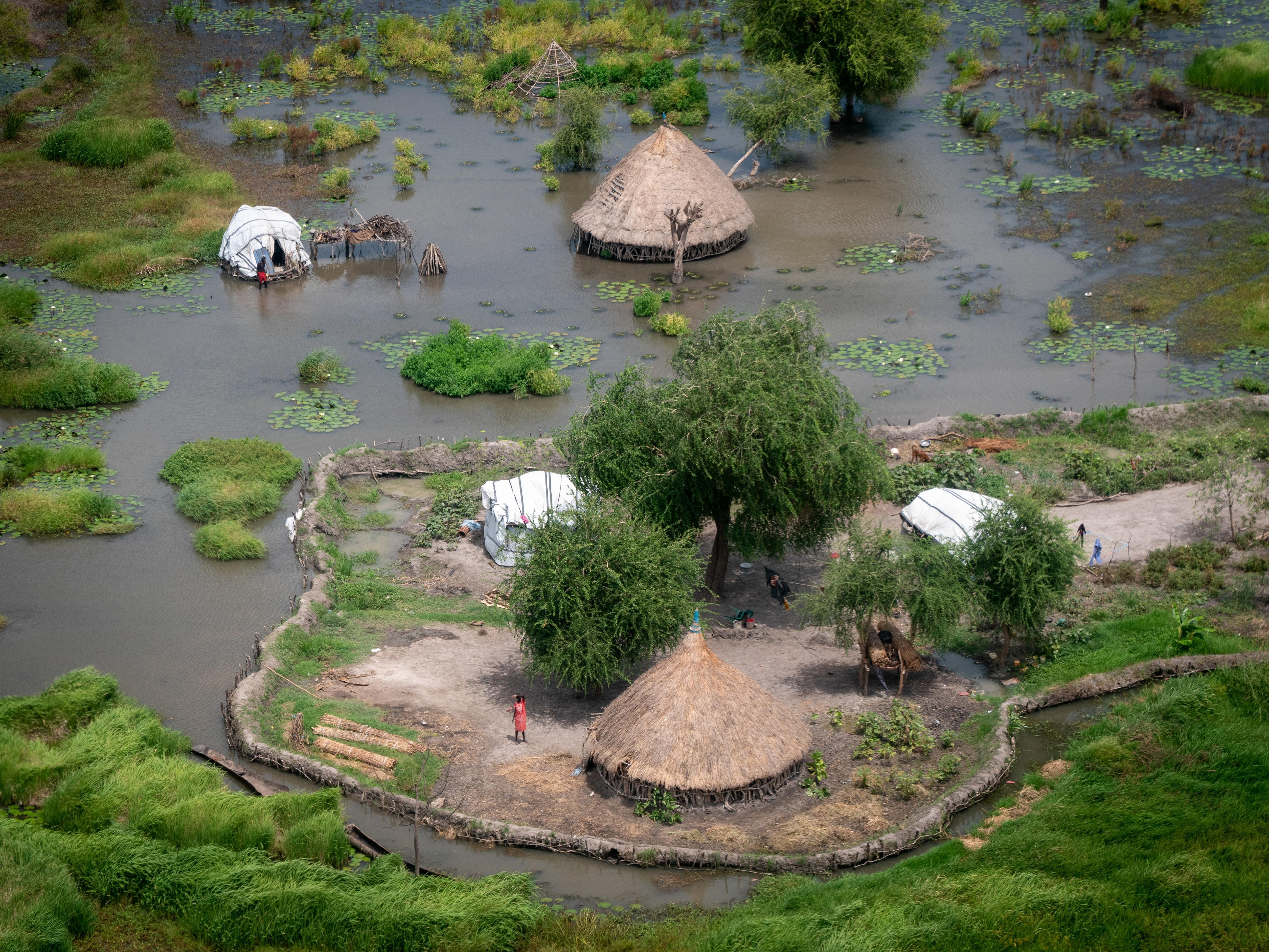 Climate Change World Environment Day: Aerial view of flooded villages, near Old Fangak in South Sudan.