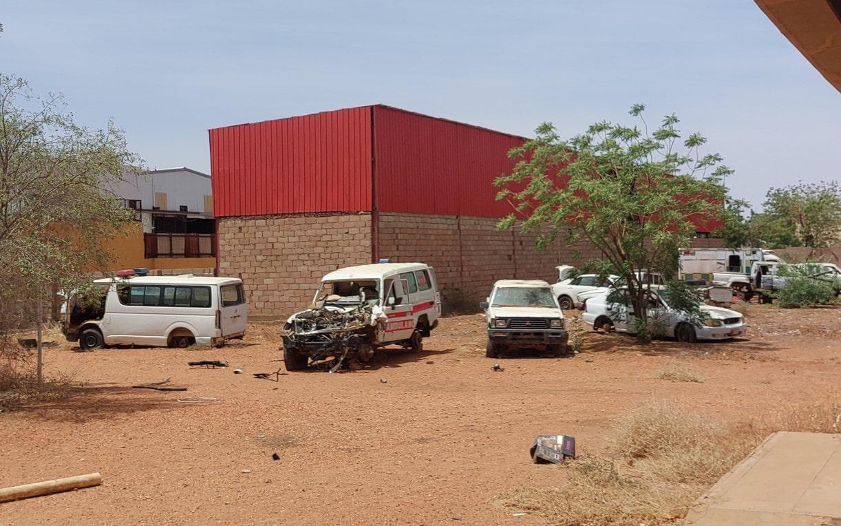 War on People Sudan: Destroyed ambulance at an MSF-supported health facility, following a storming and looting incident.